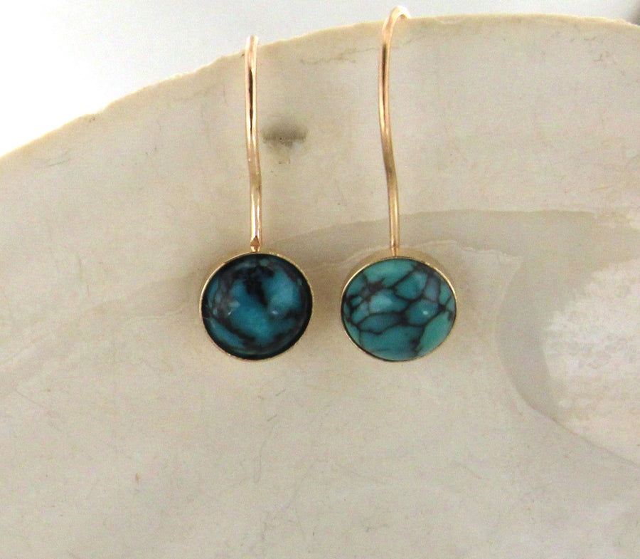 Solid 14k Yellow Gold Handmade Natural Turquoise Bezel Set Dangle Earrings