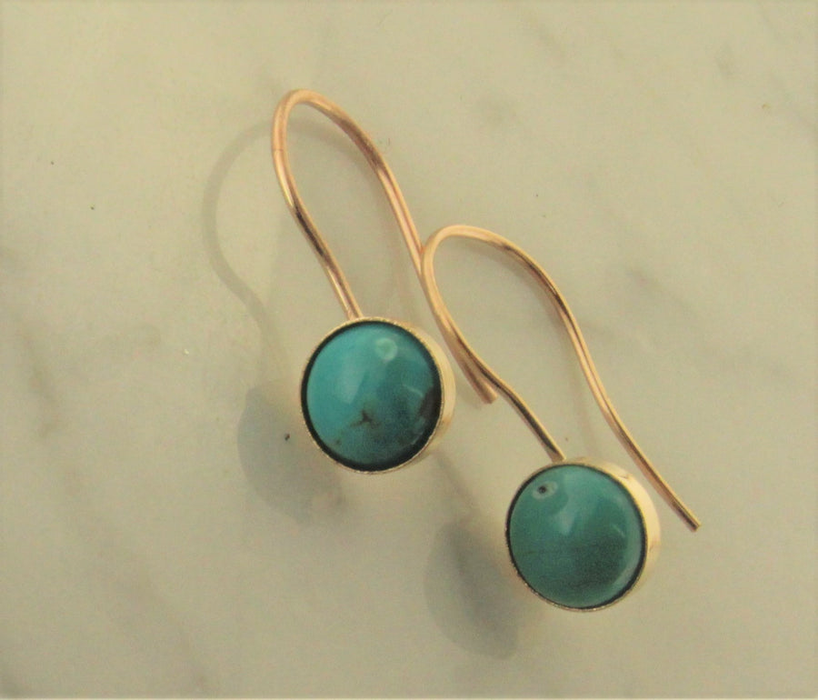 Solid 14k Yellow Gold Handmade Natural Turquoise Bezel Set Dangle Earrings