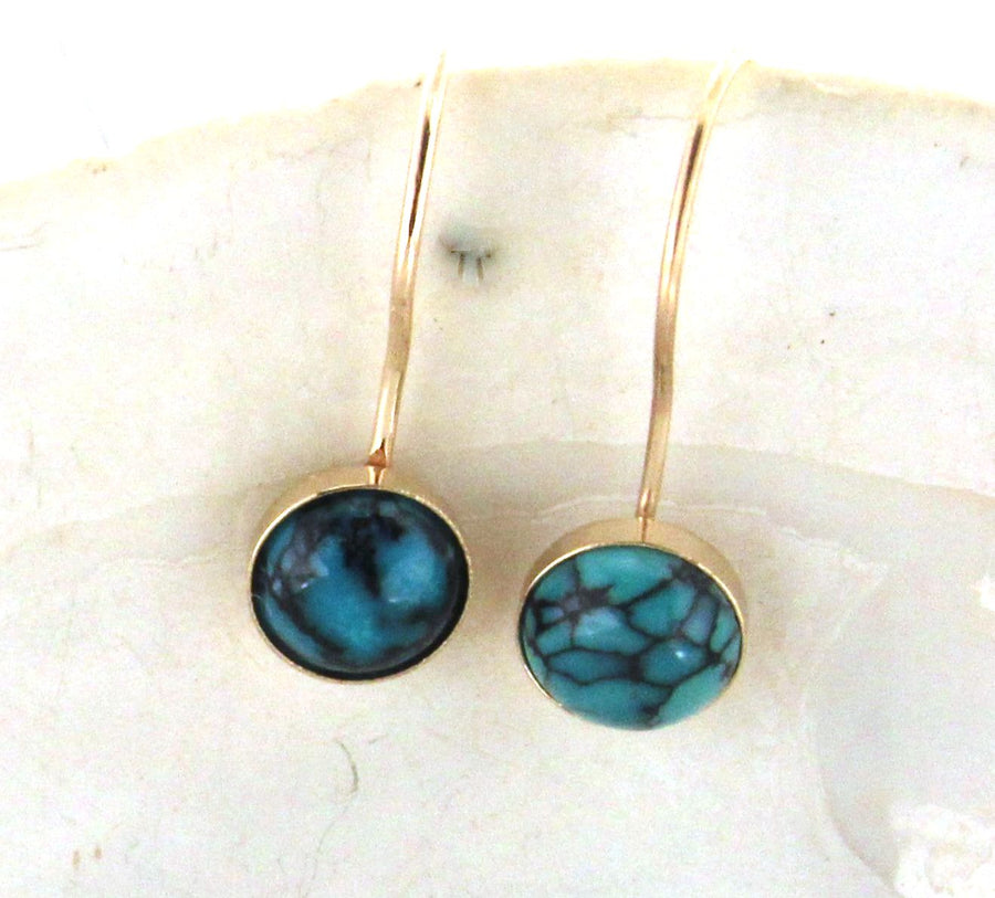 Solid 14k Yellow Gold Handmade Natural Turquoise Bezel Set Dangle Earrings