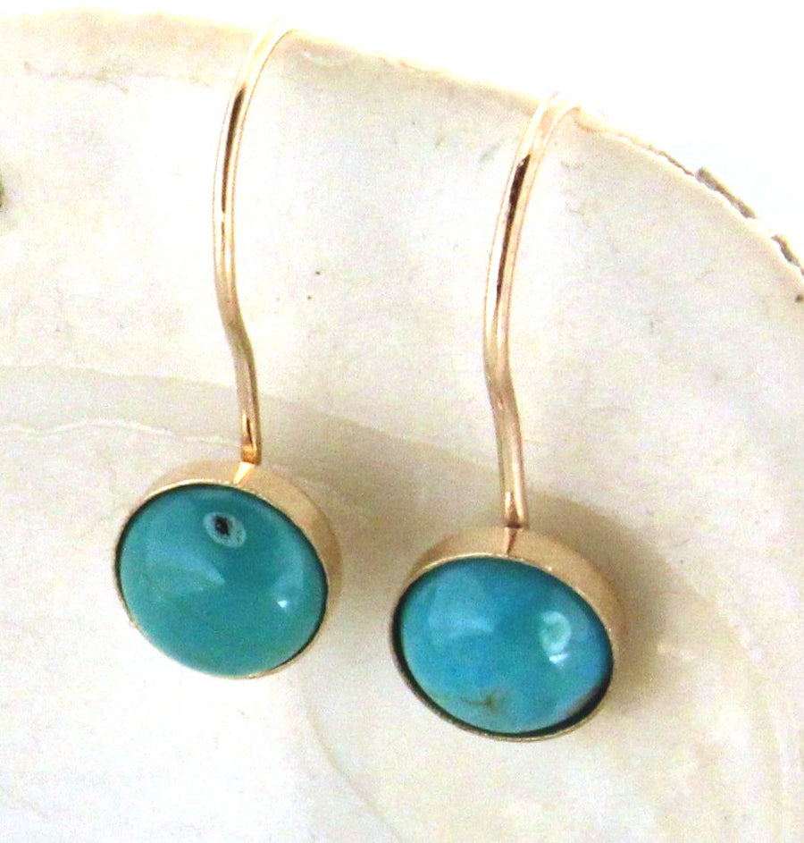 Solid 14k Yellow Gold Handmade Natural Turquoise Bezel Set Dangle Earrings