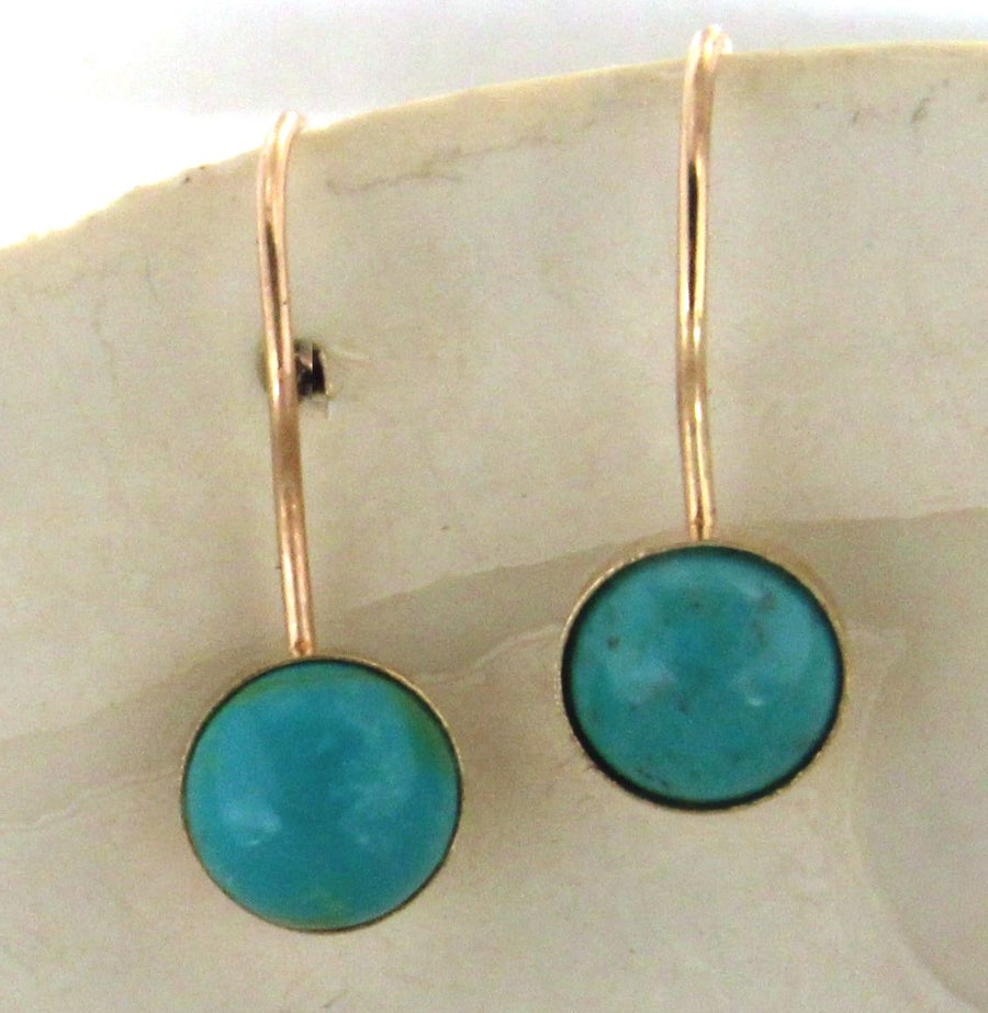 Solid 14k Yellow Gold Handmade Natural Turquoise Bezel Set Dangle Earrings