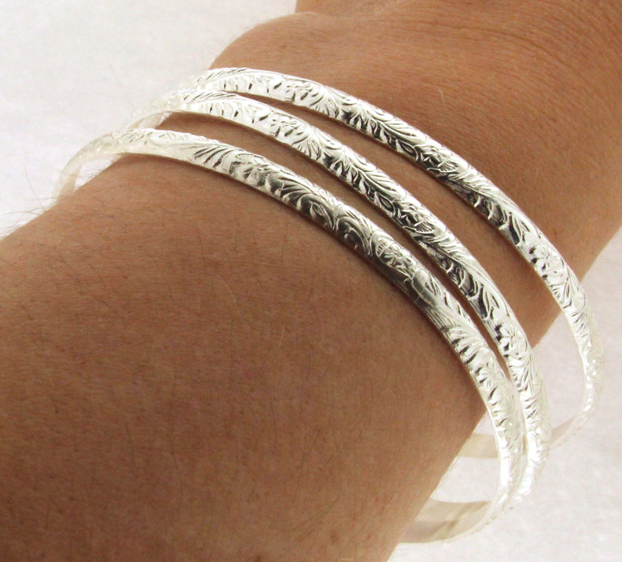 Set of Three Flower Patterned Handmade Sterling Silver Bangle Bracelets