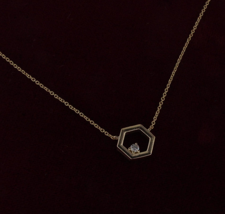 Solid 14kt Gold Hexagon .05ct Diamond Necklace