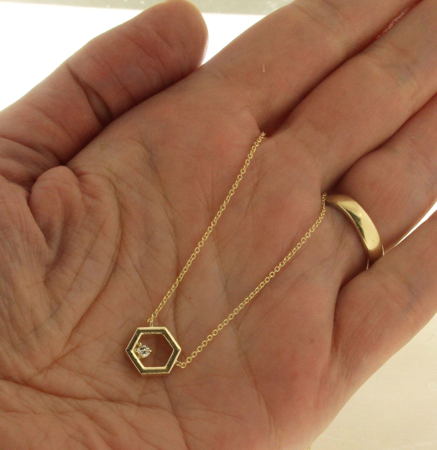 Solid 14kt Gold Hexagon .05ct Diamond Necklace