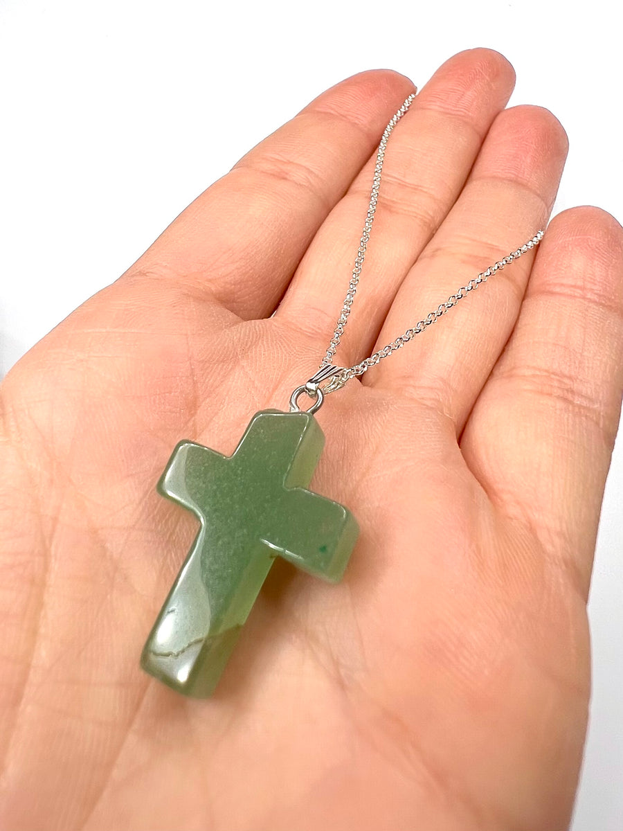 Sterling Silver Green Agate Cross / Agate Stone / Sterling Silver Necklace / Free Shipping