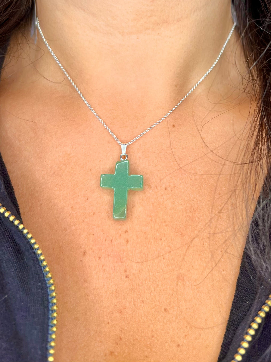 Sterling Silver Green Agate Cross / Agate Stone / Sterling Silver Necklace / Free Shipping