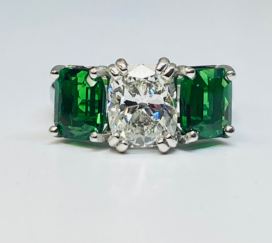 Platinum Green Garnet Diamond Estate Ring