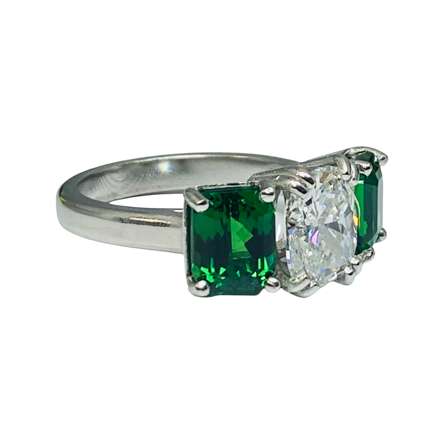 Platinum Green Garnet Diamond Estate Ring