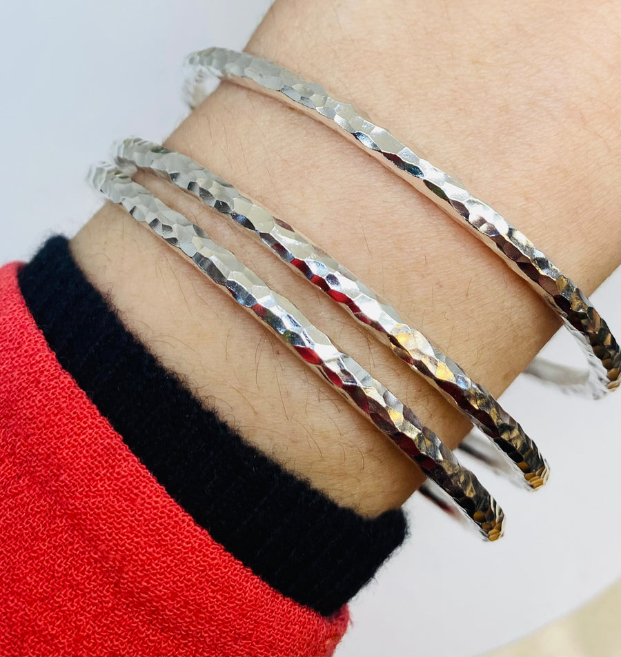 Set of Three Chunky Statement Sterling Hammered Handmade Bracelets