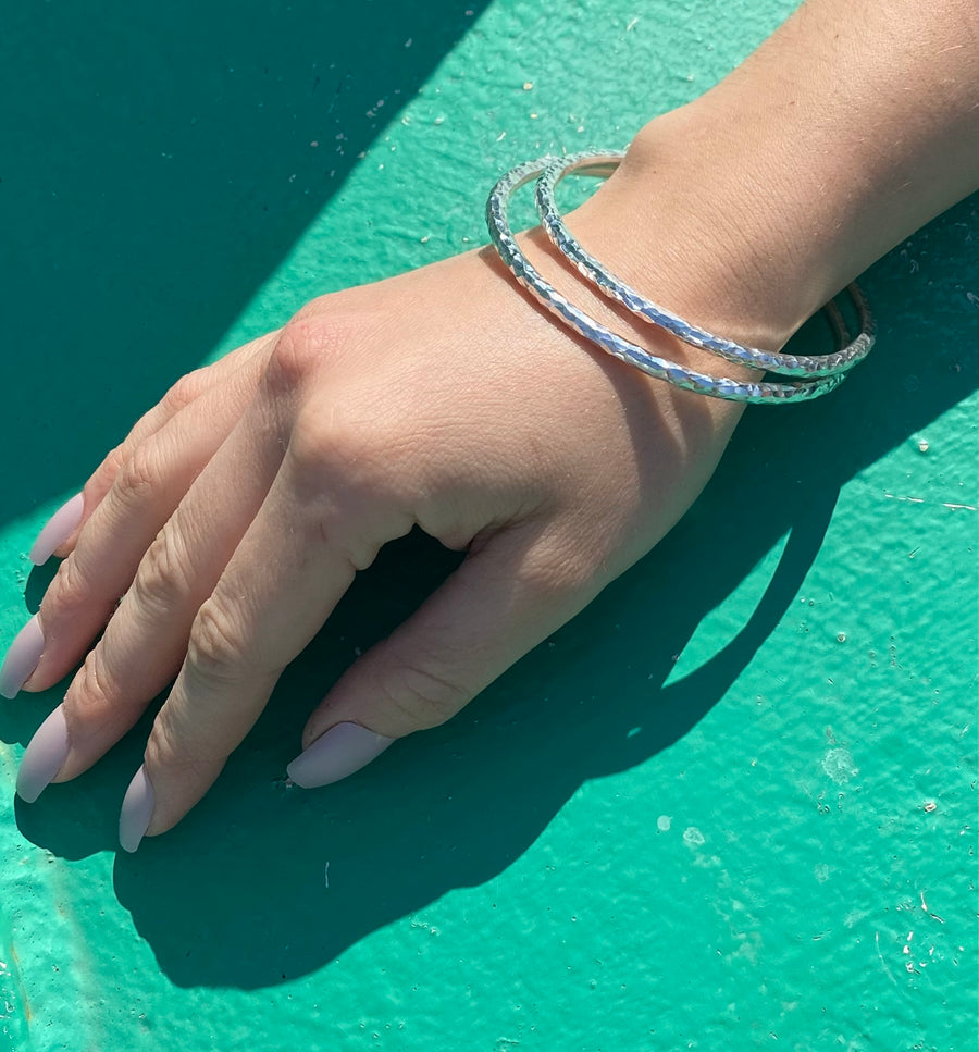 Set of Three Chunky Statement Sterling Hammered Handmade Bracelets