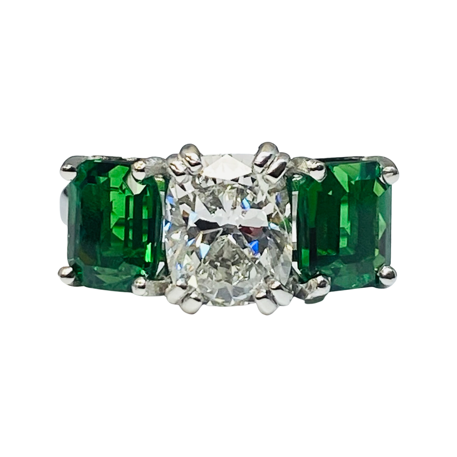 Platinum Green Garnet Diamond Estate Ring