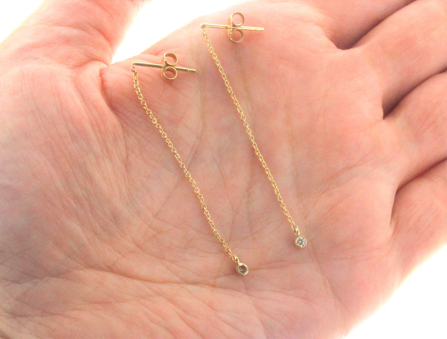 Diamond Solid 14k Yellow Gold Adjustable Threader Chain Earrings