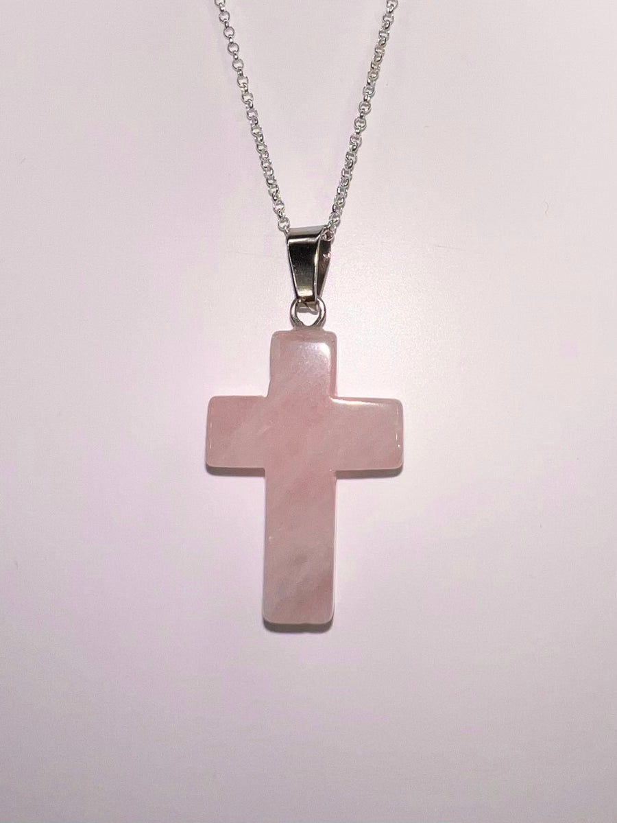 Sterling Silver Pink Rose Quartz Cross / Healing Stone / Sterling Silver Necklace / Free Shipping