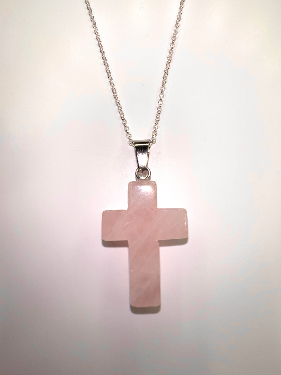 Sterling Silver Pink Rose Quartz Cross / Healing Stone / Sterling Silver Necklace / Free Shipping