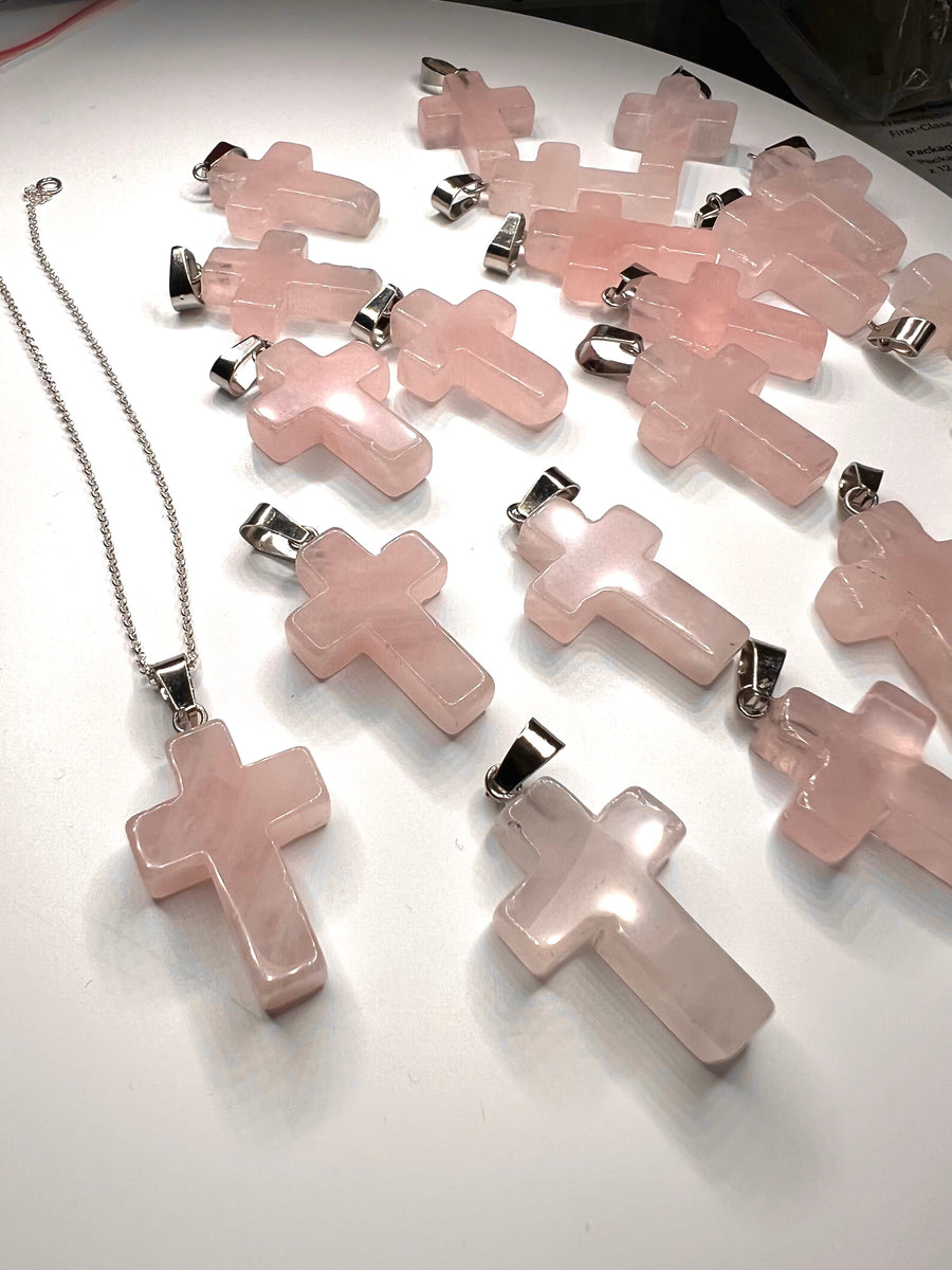 Sterling Silver Pink Rose Quartz Cross / Healing Stone / Sterling Silver Necklace / Free Shipping