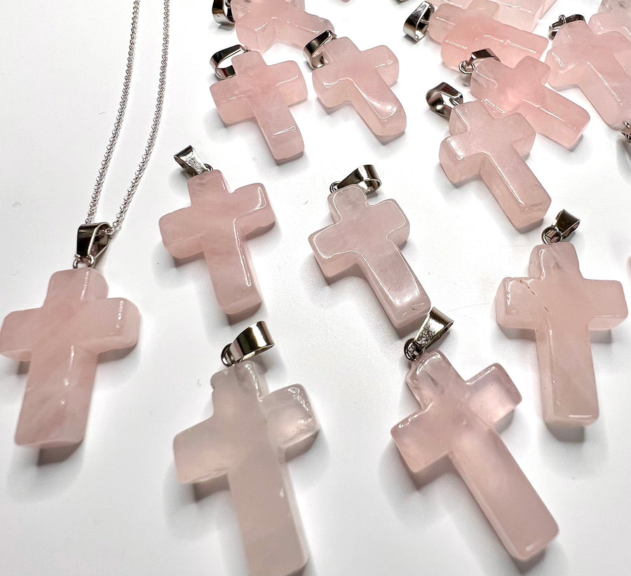 Sterling Silver Pink Rose Quartz Cross / Healing Stone / Sterling Silver Necklace / Free Shipping