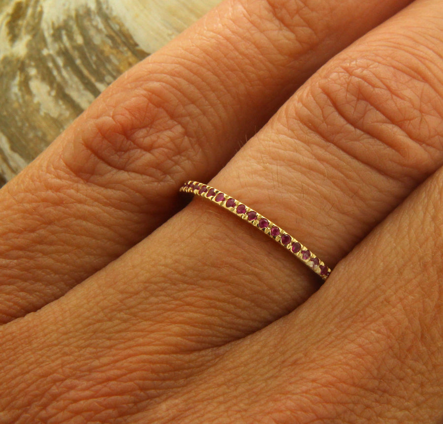 Solid 14kt Gold 1.5mm Handmade .30ctw Ruby Eternity Stacking Band