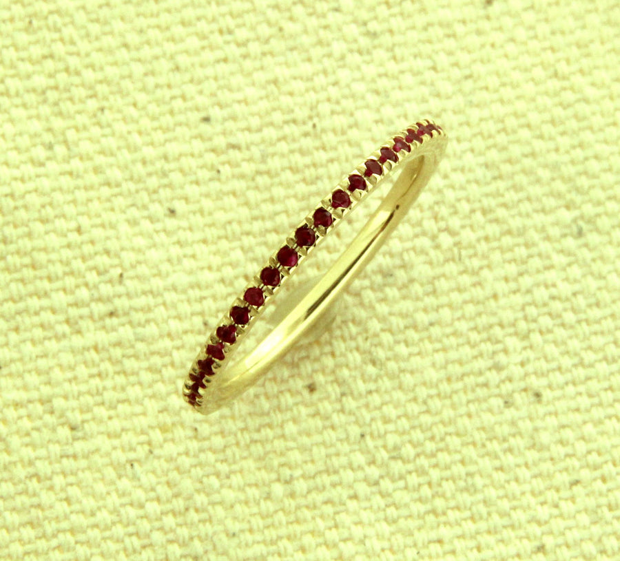 Solid 14kt Gold 1.5mm Handmade .30ctw Ruby Eternity Stacking Band