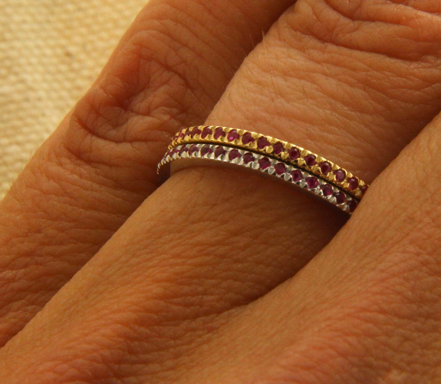 Solid 14kt Gold 1.5mm Handmade .30ctw Ruby Eternity Stacking Band