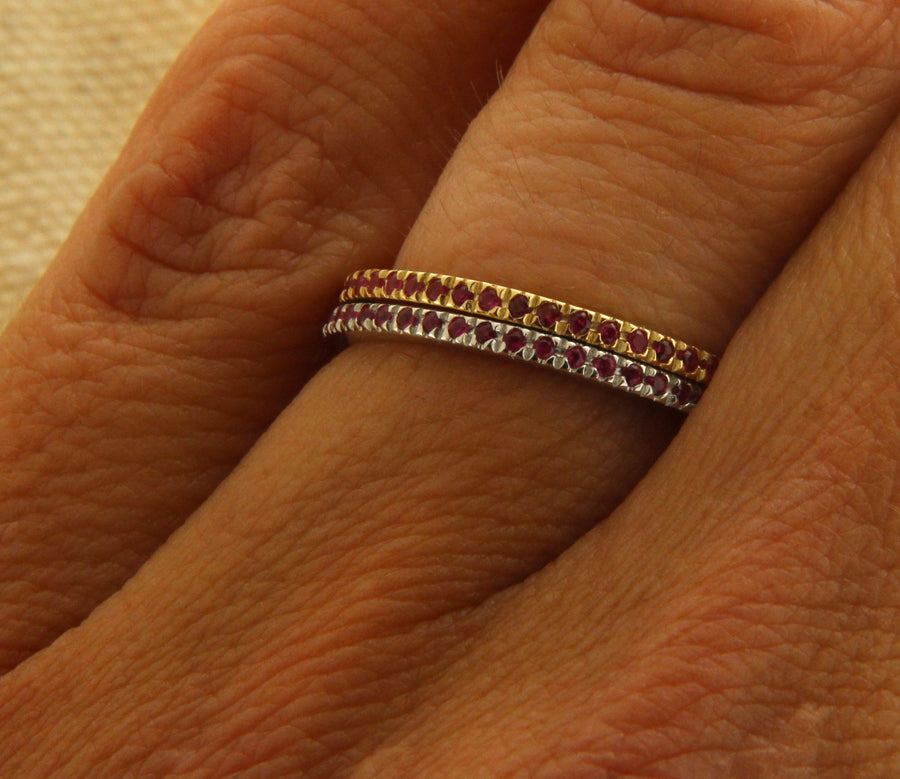 Solid 14kt Gold 1.5mm Handmade .30ctw Ruby Eternity Stacking Band