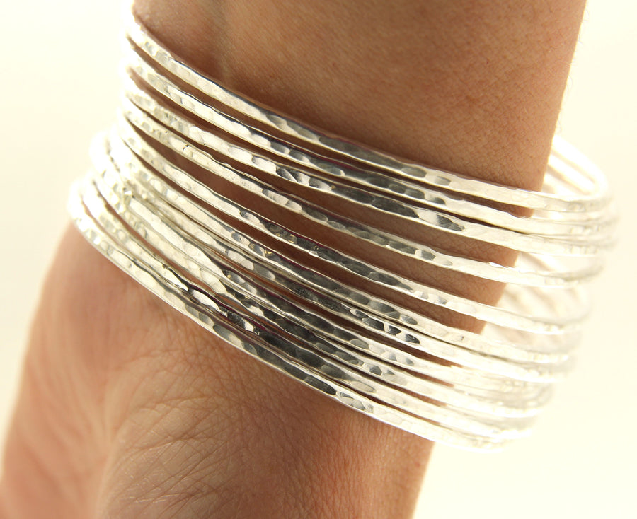 Set of Twelve Handmade Hammered 2mm Sterling Silver Bangles