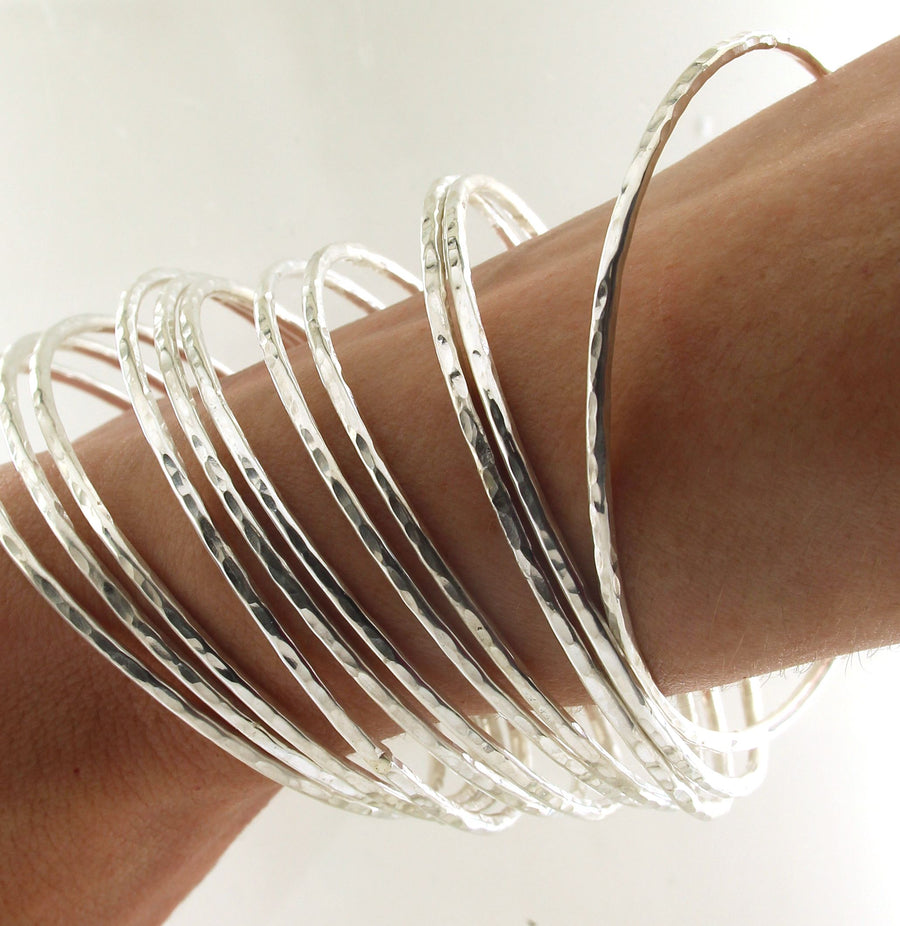 Set of Twelve Handmade Hammered 2mm Sterling Silver Bangles