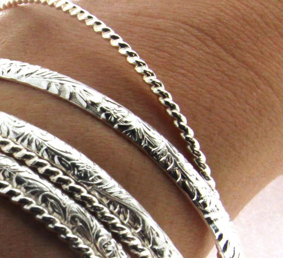 Set of Three Sterling Silver Rope Textured Bangle Bracelet