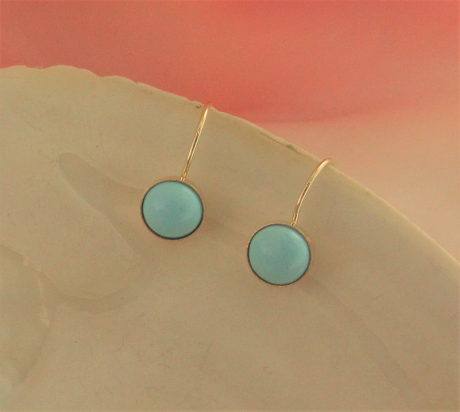 Solid 14k Yellow Gold Handmade Sleeping Beauty Turquoise Bezel Set Dangle Earrings