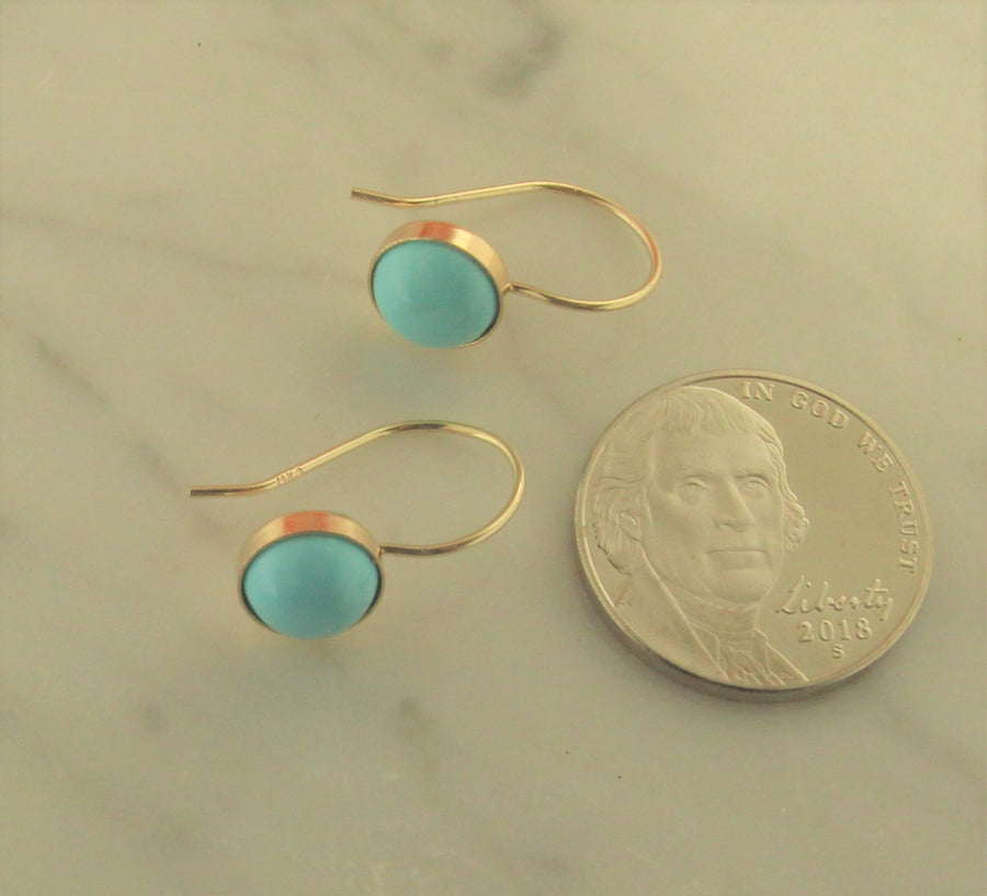 Solid 14k Yellow Gold Handmade Sleeping Beauty Turquoise Bezel Set Dangle Earrings