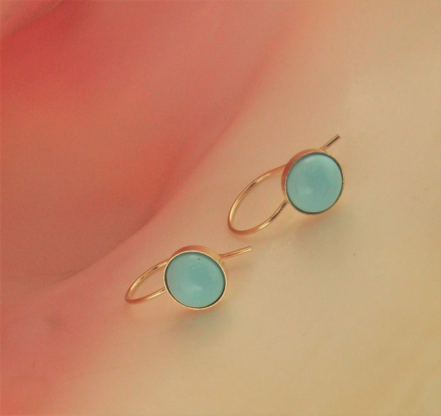 Solid 14k Yellow Gold Handmade Sleeping Beauty Turquoise Bezel Set Dangle Earrings