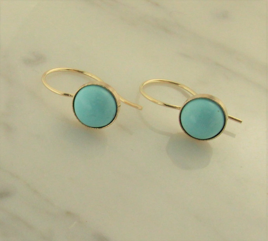 Solid 14k Yellow Gold Handmade Sleeping Beauty Turquoise Bezel Set Dangle Earrings