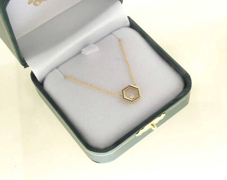 Solid 14kt Gold Hexagon .05ct Diamond Necklace