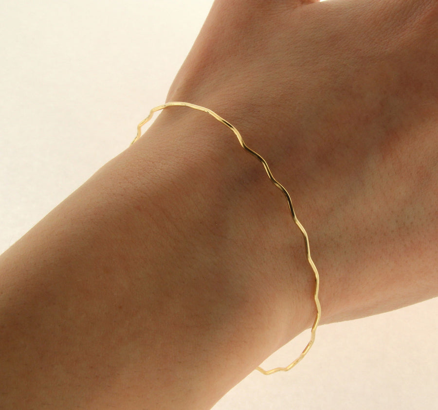 Solid 14kt Yellow  Gold 1.3mm Wave Textured Handmade Bangle