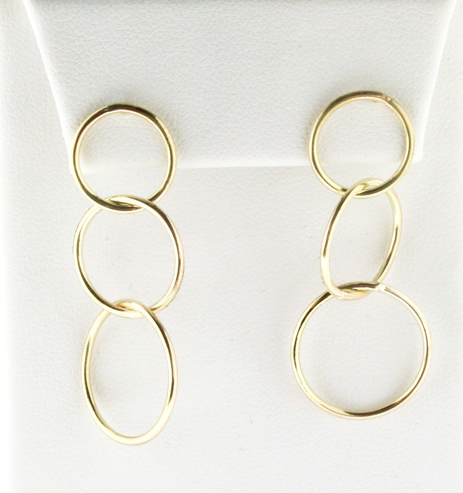 Solid 14k Gold Handmade Minimalist Three Open Circle Dangling Earrings