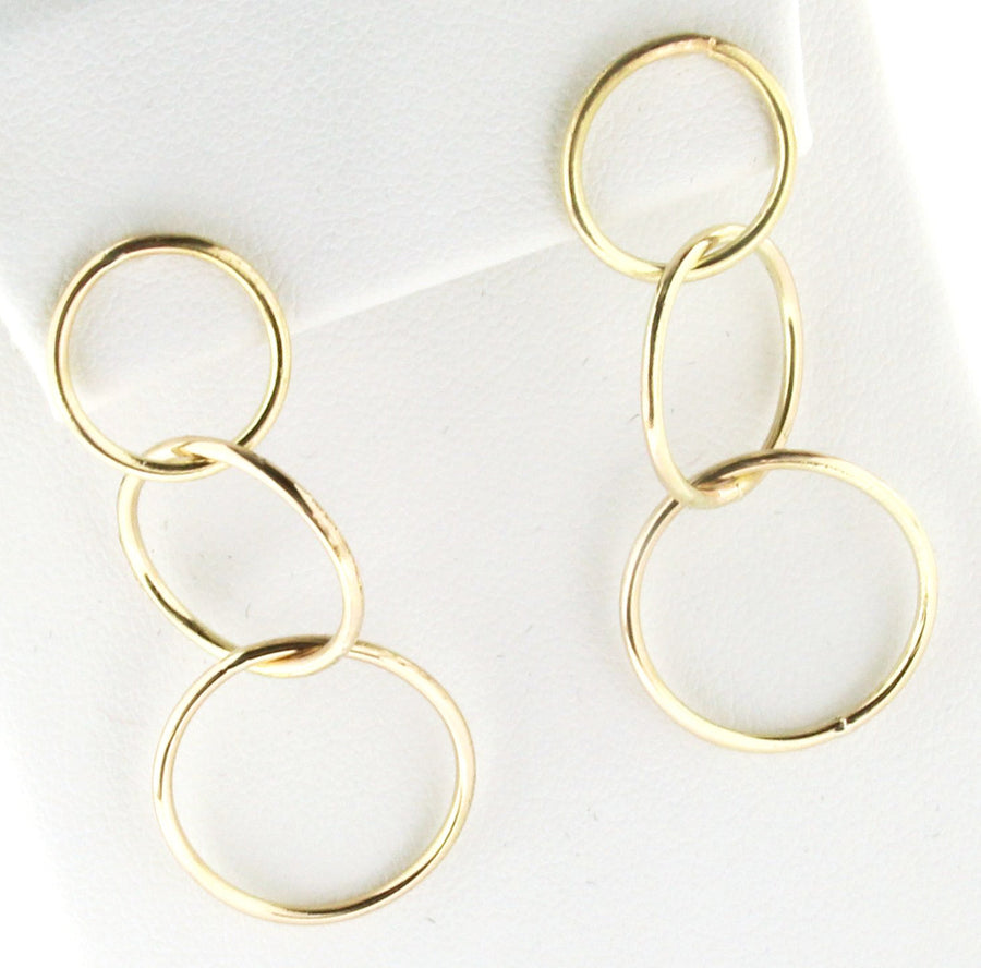 Solid 14k Gold Handmade Minimalist Three Open Circle Dangling Earrings