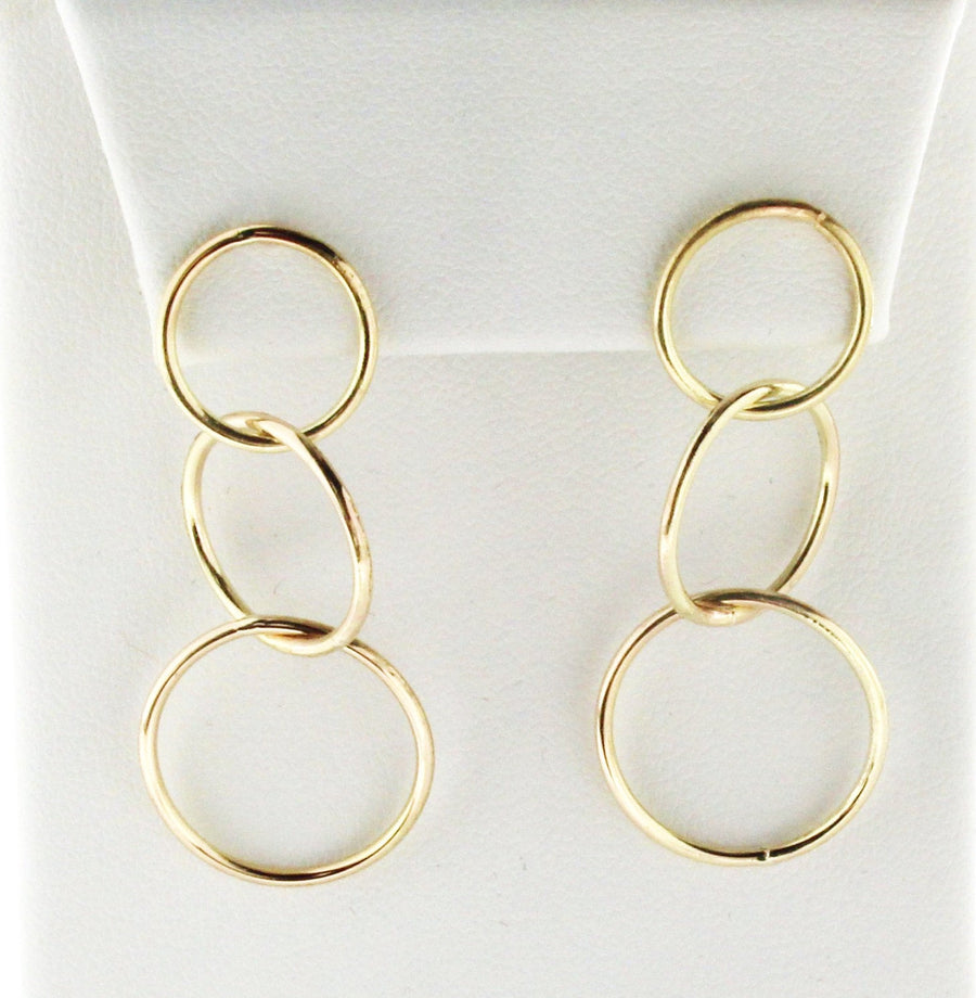 Solid 14k Gold Handmade Minimalist Three Open Circle Dangling Earrings