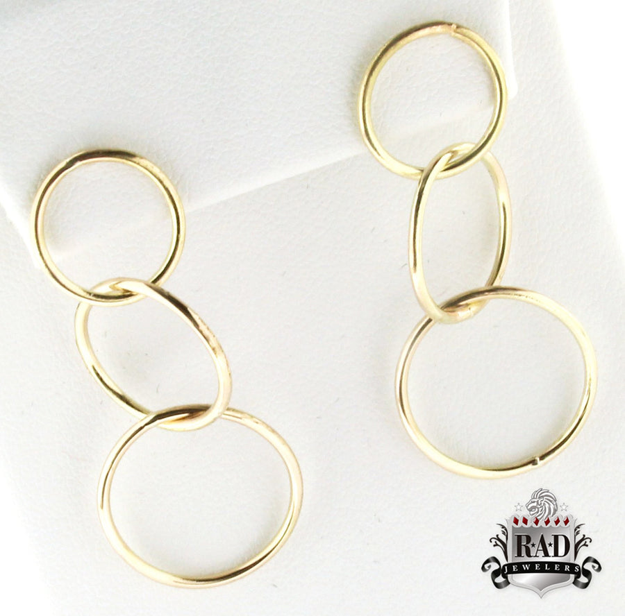 Solid 14k Gold Handmade Minimalist Three Open Circle Dangling Earrings