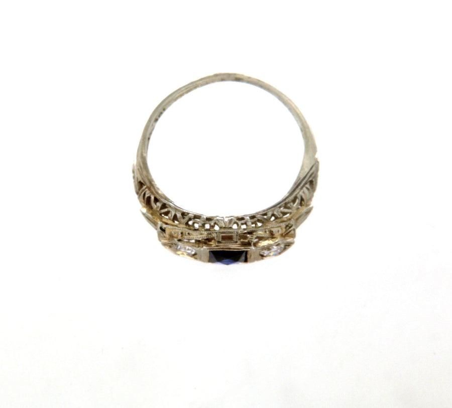 18k White Gold .20pt Diamond & Synthetic Sapphire Filigree Vintage Ring