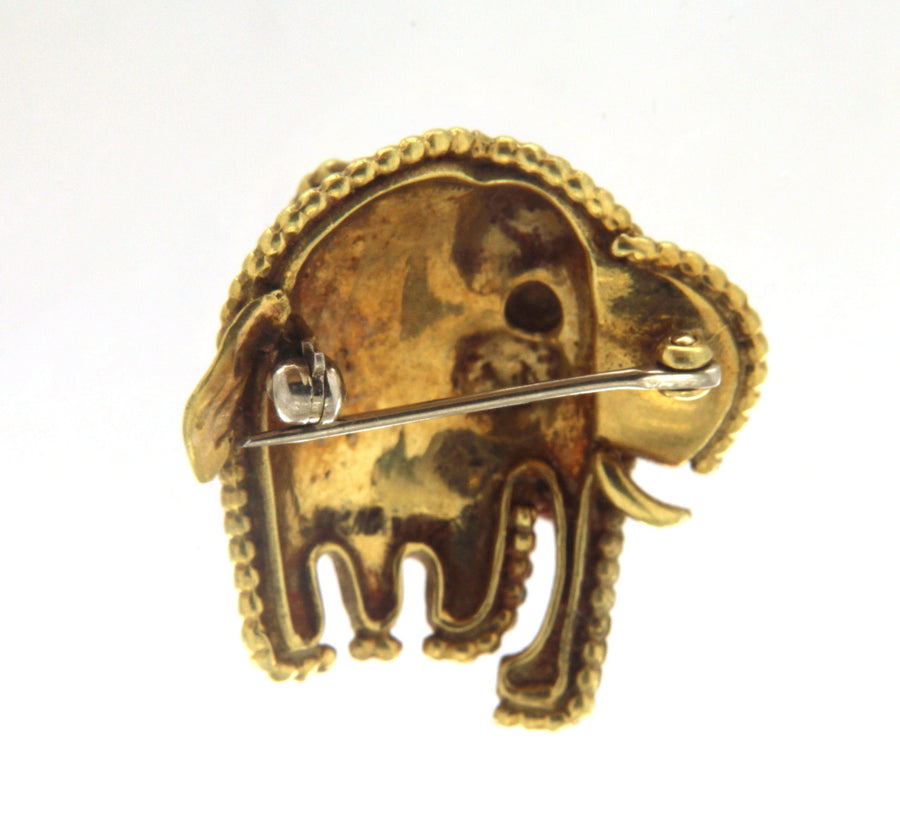 18K Yellow Gold, Enamel & Turquoise Elephant Vintage Pin