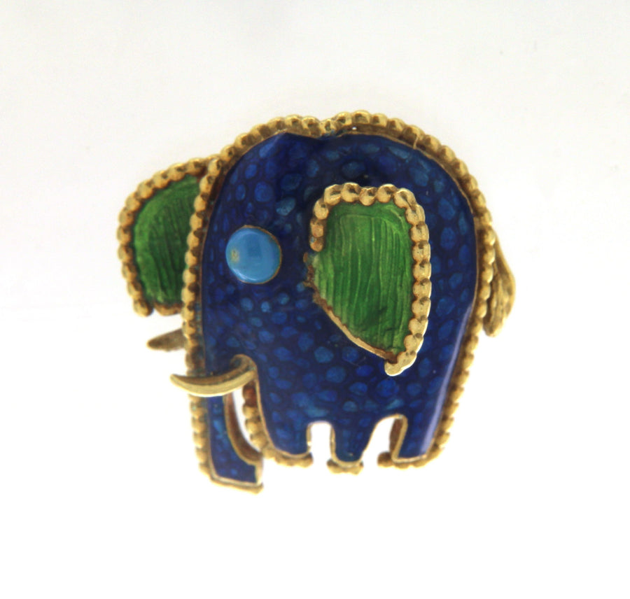 18K Yellow Gold, Enamel & Turquoise Elephant Vintage Pin