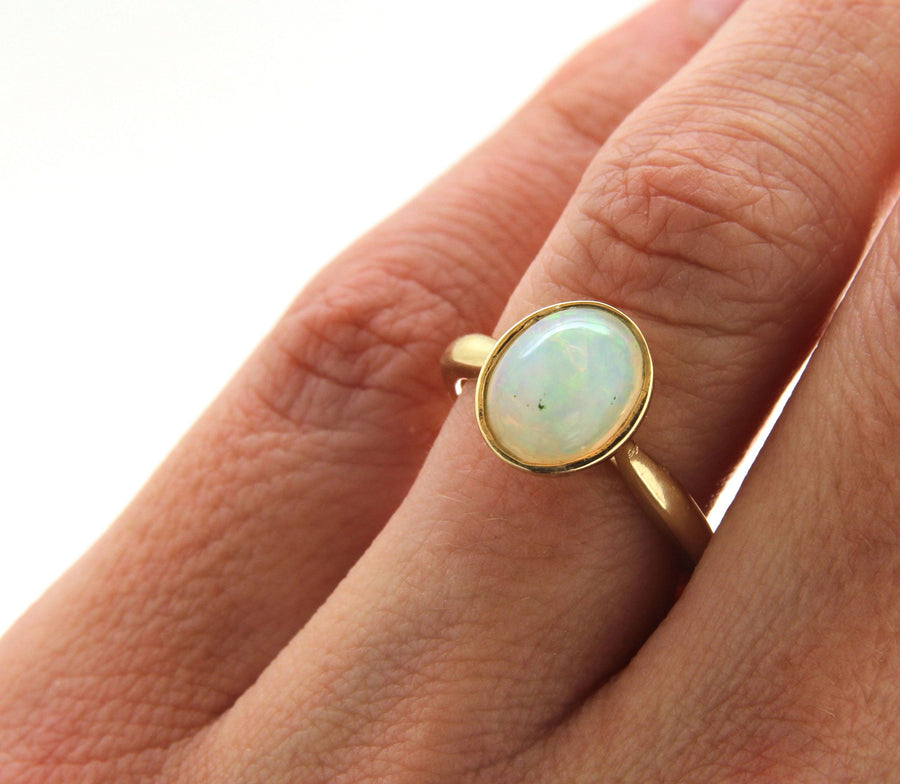 Solid 14k Gold Oval Cabochon Opal Handmade Ring