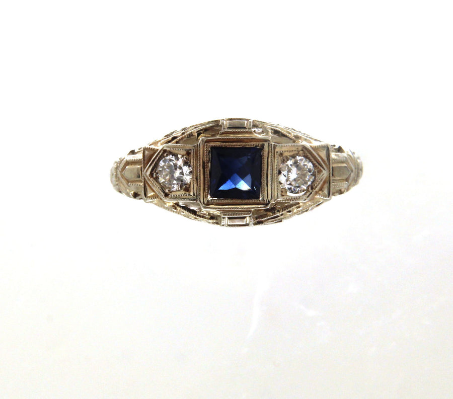 18k White Gold .20pt Diamond & Synthetic Sapphire Filigree Vintage Ring