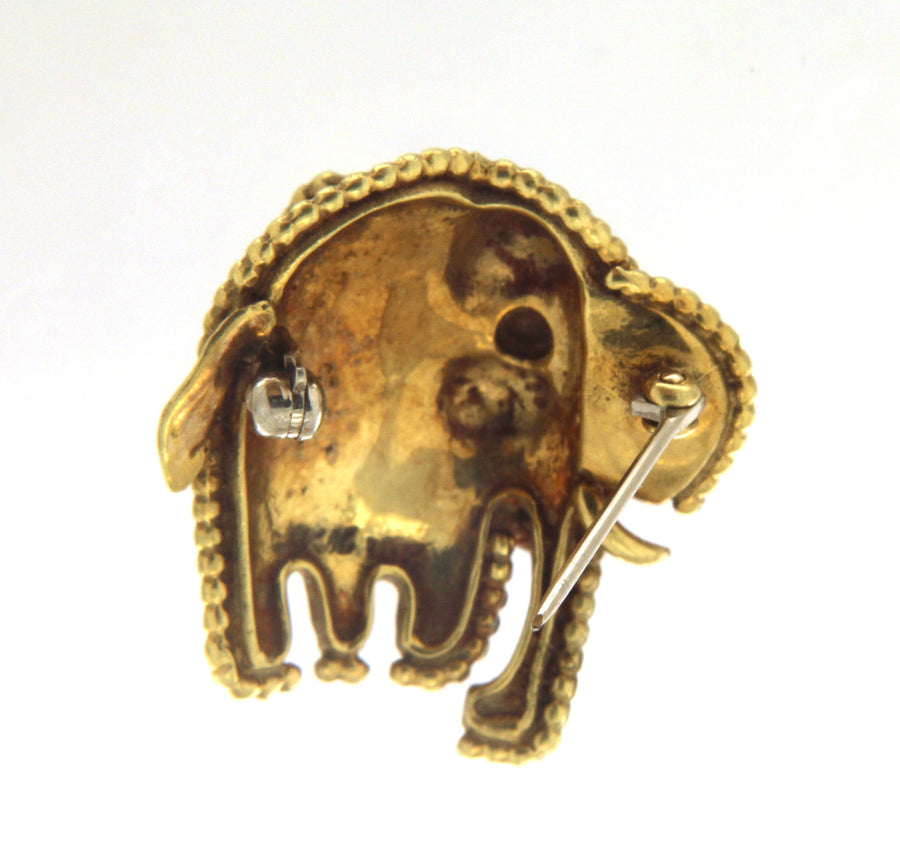 18K Yellow Gold, Enamel & Turquoise Elephant Vintage Pin