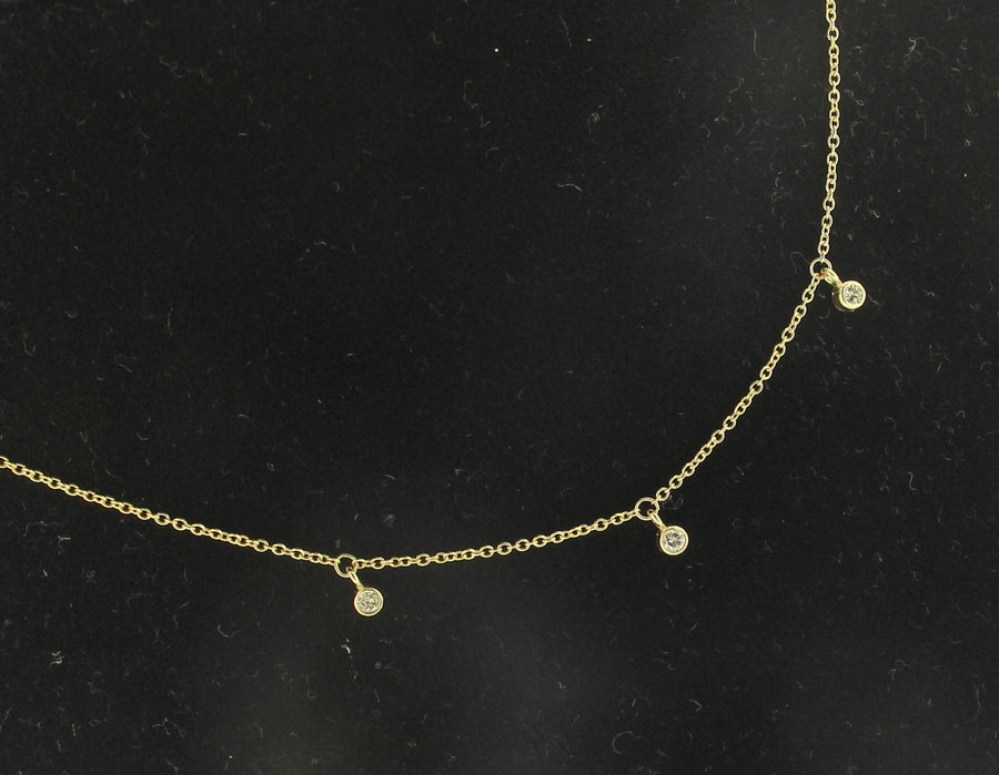 Solid 14kt Gold Three Diamond Bezel .15 ctw Delicate Diamond Necklace