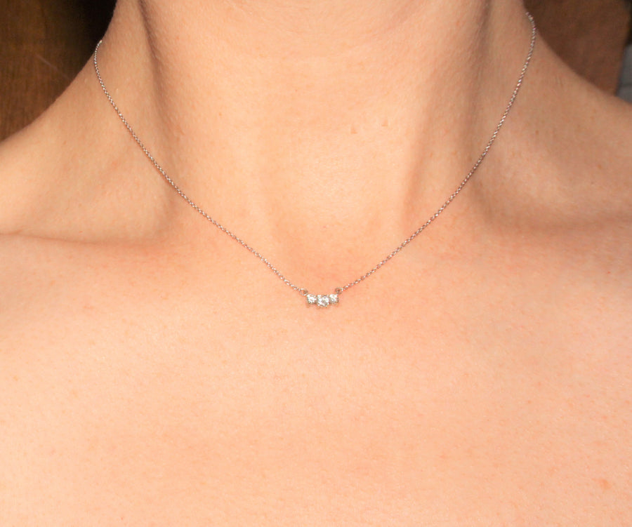 Solid 14kt Gold Bezel Set .20ctw Three Stone Diamond Necklace