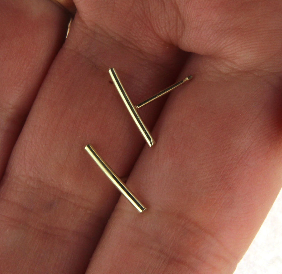 Solid 14k Gold 10mm Handmade Bar Earrings