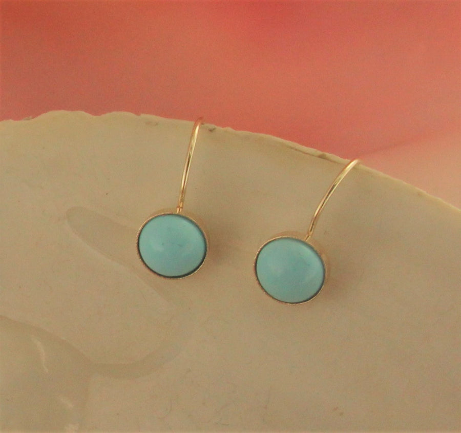 Solid 14k Yellow Gold Handmade Sleeping Beauty Turquoise Bezel Set Dangle Earrings