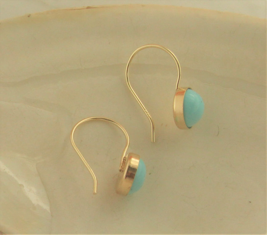 Solid 14k Yellow Gold Handmade Sleeping Beauty Turquoise Bezel Set Dangle Earrings